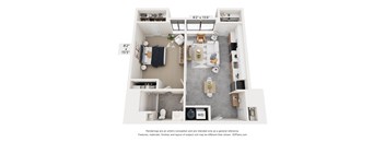 A floor plan of a small apartment with a kitchen, living room, and bathroom.