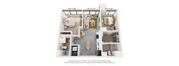 A 3D floor plan of a small apartment with a living room, kitchen, and bedrooms.