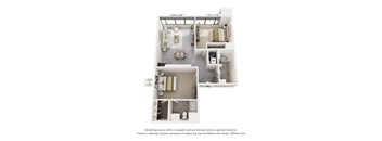 A 3D floor plan of a small apartment with a kitchen, living room, and bathroom.