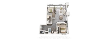 A 3D floor plan of a house with a living room, kitchen, dining room, and two bedrooms.