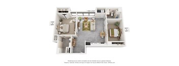 A 3D floor plan of a small apartment with a living room, kitchen, and bedroom.