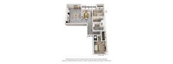 A floor plan of a house with a living room, dining room, kitchen, and two bedrooms.
