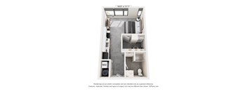 A 3D floor plan of a small apartment with a kitchen, bathroom, and living room.