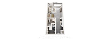 A 3D floor plan of a small apartment with a kitchen, living room, and bathroom.