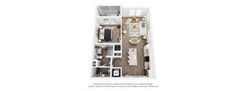 A floor plan of a small apartment with a kitchen, living room, and bathroom.
