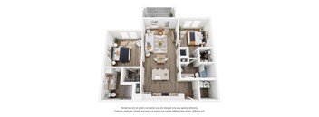 A 3D floor plan of a small apartment with a kitchen, living room, and bedroom.