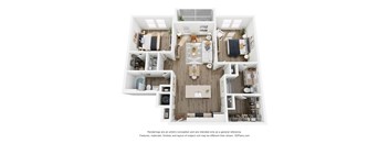 A 3D floor plan of a house with a kitchen, living room, and two bedrooms.