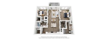 A 3D floor plan of a house with a kitchen, living room, and two bedrooms.