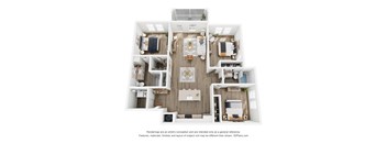 A 3D floor plan of a house with a kitchen, living room, and two bedrooms.