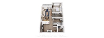 A 3D floor plan of a small apartment with a kitchen, living room, and bathroom.