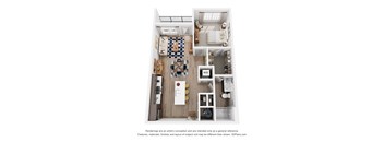 A 3D floor plan of a small apartment with a kitchen, living room, and bathroom.