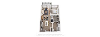 A floor plan of a small apartment with a kitchen, living room, and bathroom.