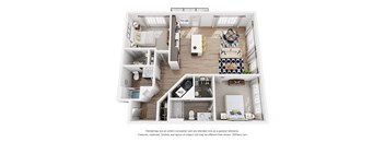 A 3D floor plan of a house with a kitchen, living room, dining room, and two bedrooms.