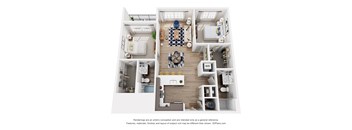 A 3D floor plan of a house with a kitchen, living room, and two bedrooms.