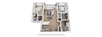 A 3D floor plan of a house with a kitchen, living room, and bedrooms.