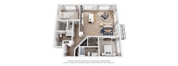 A 3D floor plan of a house with a kitchen, living room, and bedrooms.