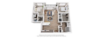 A 3D floor plan of a house with a kitchen, living room, and bedrooms.
