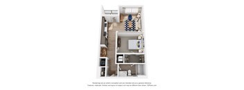 A 3D floor plan of a small apartment with a kitchen, living room, and bathroom.