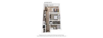 A 3D floor plan of a small apartment with a kitchen, living room, and bathroom.