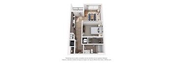 A 3D floor plan of a small apartment with a kitchen, living room, and bathroom.