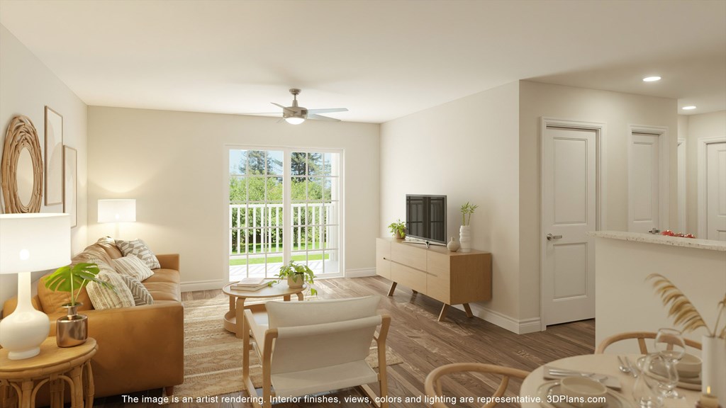 a rendering of a living room with a couch and a table