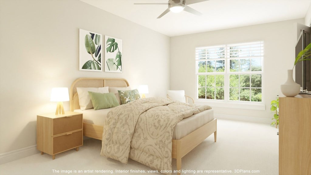 an image of a bedroom with a bed and a ceiling fan