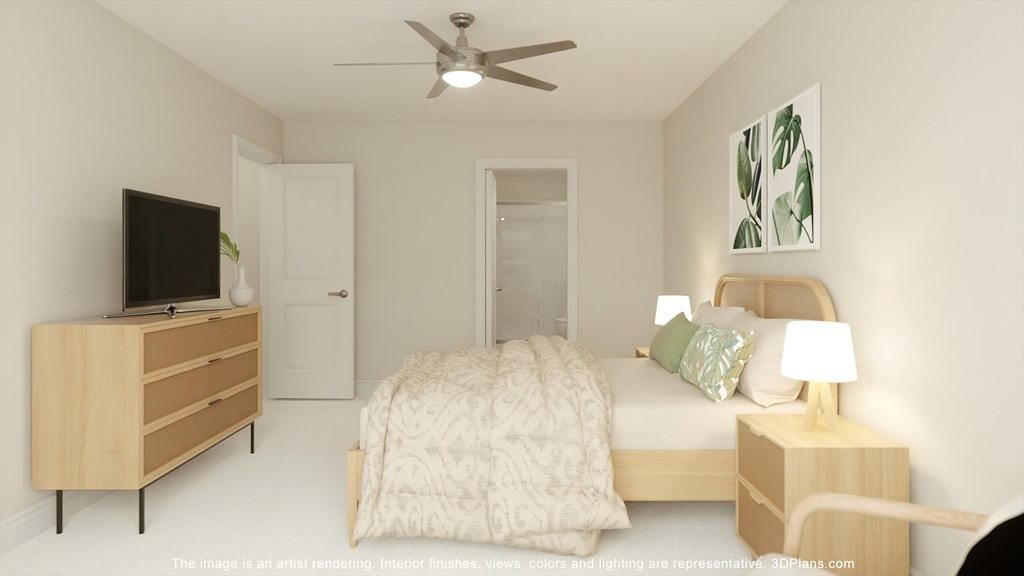 a bedroom with a bed and a ceiling fan and a tv