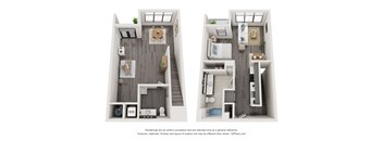 A floor plan of a two-bedroom apartment with a living room, kitchen, and bathroom.