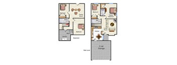 A floor plan of a house with two garages.