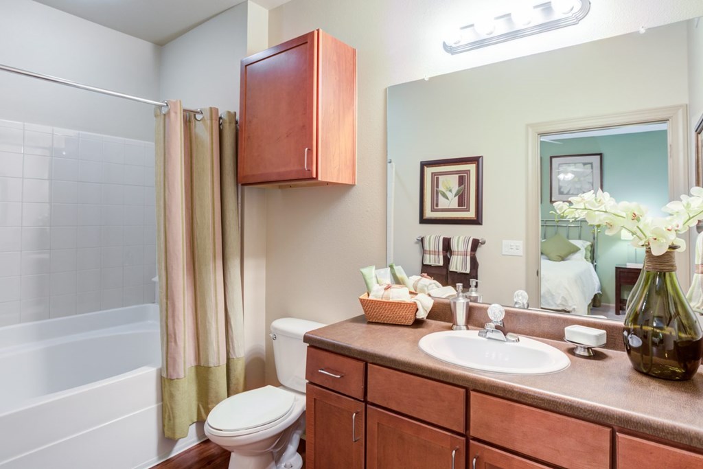 a bathroom with a sink toilet and shower