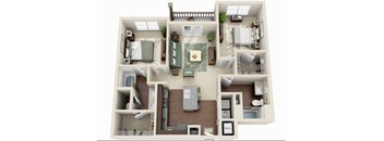 A 3D floor plan of a house with a living room, kitchen, dining room, and bedrooms.