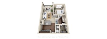 A 3D floor plan of a small apartment with a kitchen, living room, and bedroom.