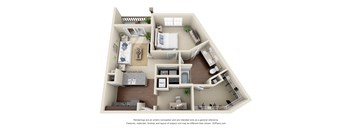 A 3D floor plan of a house with two bedrooms, a living room, a kitchen, and a bathroom.
