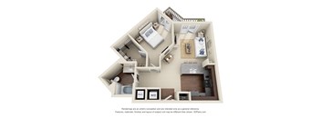 A 3D floor plan of a house with two bedrooms, a living room, a kitchen, and a bathroom.