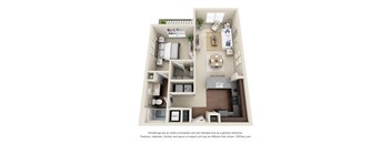 A 3D floor plan of a small apartment with a kitchen, living room, and bedrooms.