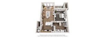 A 3D floor plan of a house with a kitchen, living room, and bedrooms.
