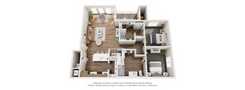 A 3D floor plan of a house with multiple rooms and furniture.