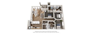 A 3D floor plan of a house with a kitchen, living room, and bathroom.