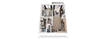 A 3D floor plan of a small apartment with a kitchen, living room, and bathroom.