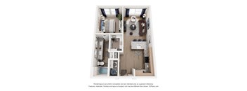 A 3D floor plan of a small apartment with two bedrooms, a living room, and a kitchen.