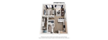 A 3D floor plan of a small apartment with a kitchen, living room, and bedroom.