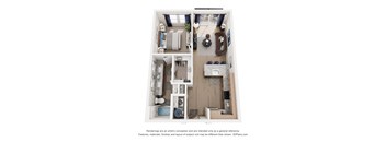 A 3D floor plan of a small apartment with a kitchen, living room, and bedroom.
