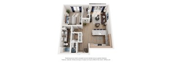A 3D floor plan of a small apartment with a kitchen, living room, and bathroom.
