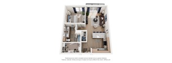 A 3D floor plan of a small apartment with a kitchen, living room, and bathroom.