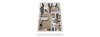 A 3D floor plan of a house with a kitchen, living room, and bedrooms.
