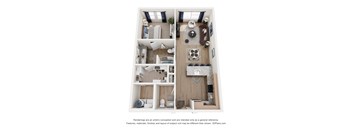 A 3D floor plan of a small apartment with a kitchen, living room, and two bedrooms.