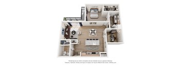 A 3D floor plan of a small apartment with a kitchen, living room, and bedroom.
