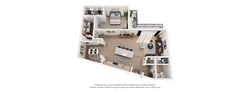 A 3D floor plan of a small apartment with a kitchen, living room, and bedroom.