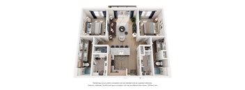 A 3D floor plan of a house with a living room, kitchen, and two bedrooms.
