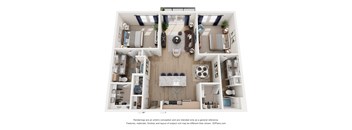 A 3D floor plan of a house with a living room, kitchen, and two bedrooms.